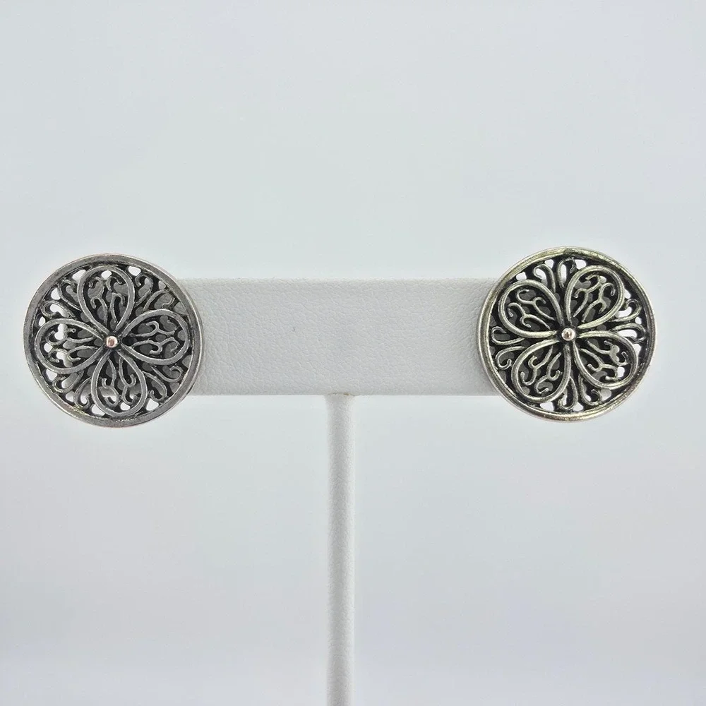 Vintage Ornate Button Earrings Open Scrollwork 4 Petal Flower Silver Plate .75